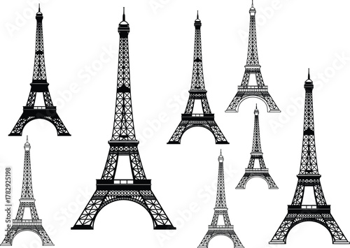 Eiffel Tower collection, black Paris landmark silhouette, vector illustration of famous French architecture, travel and tourism symbol, elegant minimal design art set