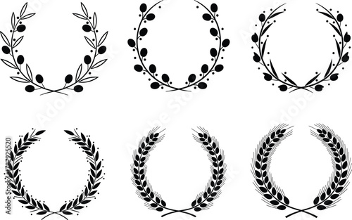 Elegant laurel wreath and wheat wreath vector illustration set, classic award and victory symbols, black botanical wreath design for logo, decoration, and achievement concept