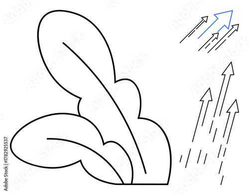 Leaf sprouting with dynamic upward arrows representing growth, advancement, and progress. Ideal for sustainability, eco-innovation, business growth, environmental care, development, success