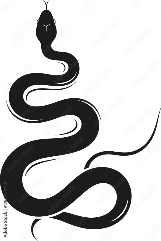 Naklejka premium Elegant snake vector illustration, minimalist serpent silhouette design, black reptile artwork, curved wild animal symbol, modern tattoo art, smooth line graphic style
