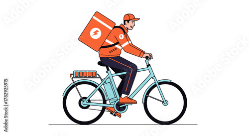 Food delivery man riding bicycle with insulated bag.