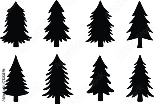 Evergreen tree silhouette pack, black conifer icons, pine forest shapes, stylized nature clipart, isolated vector trees, graphic elements for design