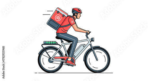 Delivery person riding a bicycle with a large insulated bag on their back.