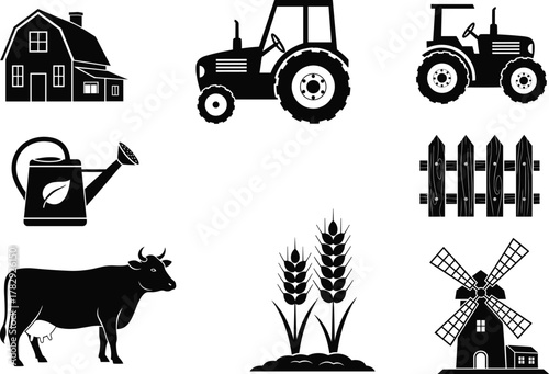 Farm agriculture icons collection, tractor barn cow windmill wheat and watering can illustration, rural farming equipment, organic agriculture and countryside lifestyle vector design