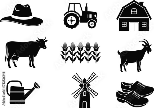 Farm animals and agriculture elements icons set, tractor barn cow goat corn windmill hat watering can and clogs vector illustration design