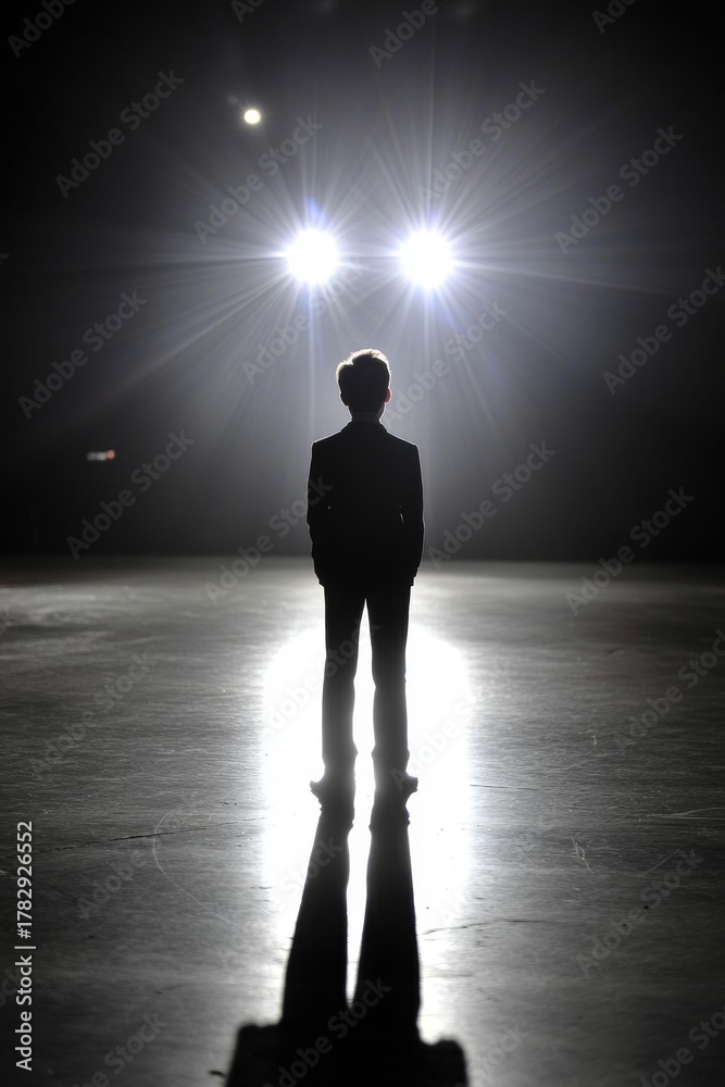Fototapeta premium Silhouette man standing stage He is facing away forces the artist