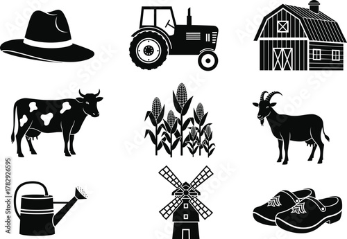 Farm animals and agriculture tools icons set, tractor barn cow goat corn windmill hat watering can and clogs vector illustration design