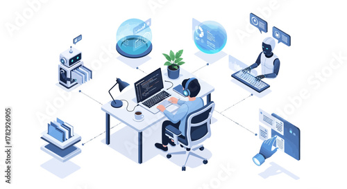 Futuristic Coding and AI Development Scene with Human and Robotic Interaction