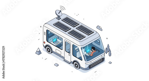 Modern Campervan with Solar Panels and Satellite Dish for Remote Work