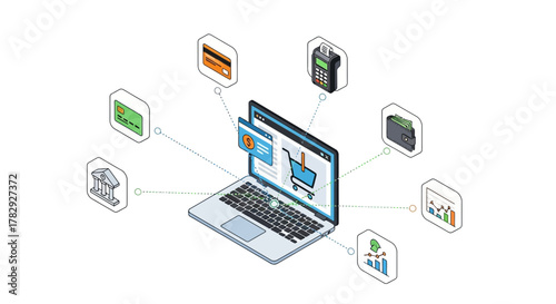 Online Shopping and Payment Processing System Illustrated with Icons