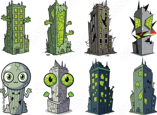 Funny monster building vector illustration, cartoon creepy architecture design, spooky urban skyscraper characters, Halloween horror city art, fantasy cartoon houses