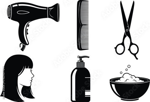 Hair salon equipment set with scissors, hairdryer, comb, shampoo bottle, foam bowl, and woman hairstyle icon, beauty care vector illustration design