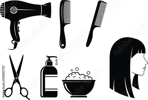 Hair salon tools collection with hairdryer, scissors, combs, shampoo bottle, foam bowl, and woman hairstyle profile, beauty and haircare vector illustration