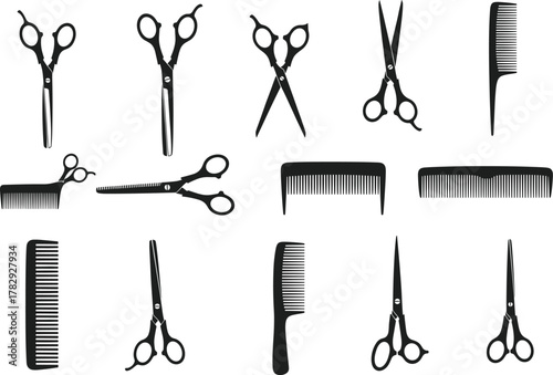 Hairdressing scissors and combs vector set, professional barber equipment illustration for salon, hairstyle design, beauty, haircut, and grooming tool collection