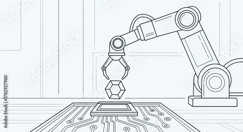 Robotic arm precisely places crystal onto circuit board in clean factory setting, symbolizing automation and precision engineering.