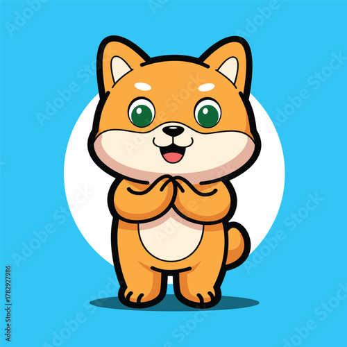 Cute Shiba Inu dog cartoon character standing and smiling in kawaii style — adorable Japanese dog illustration in vector art, perfect for pet mascot logo, children’s design, and animal lovers.