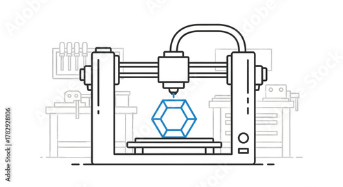 3d printer creates geometric object in workshop, showcasing modern manufacturing and technological advancement with precision and innovation.