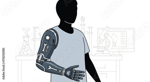 Man showcases his advanced robotic arm in laboratory setting, highlighting the future of prosthetics and technological innovation with a hopeful tone.