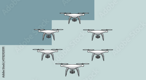 Drones hover in formation against a simple blue backdrop, showcasing modern technology and aerial capabilities with a clean, minimalist aesthetic.