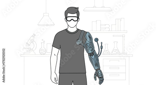 Man with futuristic prosthetic arm stands in laboratory, showcasing advanced technology and innovation in a clean, modern environment.