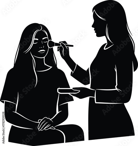 Makeup artist applying cosmetics on woman face, beauty salon service illustration, professional stylist doing makeover, fashion, care and cosmetology vector silhouette design
