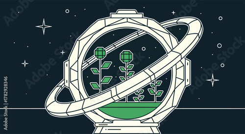 Futuristic terrarium containing stylized plants sits against a dark starry sky, representing sustainable technology and innovative environmental solutions.