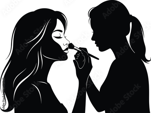 Makeup artist applying cosmetics on woman face, professional beauty service illustration, fashion salon concept, elegant female silhouette vector for makeup and cosmetic design