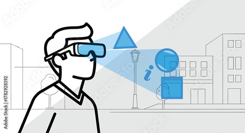 Man wearing vr headset exploring city street with augmented reality interface displaying information and geometric shapes in a futuristic and innovative scene.