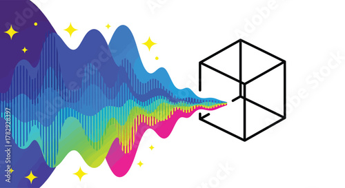 Colorful wave emerges from outlined cube, representing creativity and innovation in a modern, minimalist style.