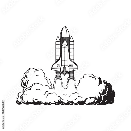 VECTOR LOGO OF A SPACESHIP TAKING OFF WITH SMOKE SILHOUETTE
