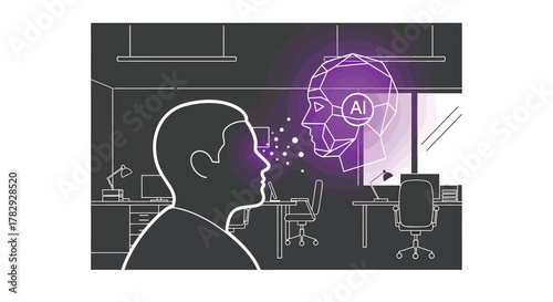 Man interacts with artificial intelligence in modern office, exploring future technologies and digital transformation with optimistic outlook.