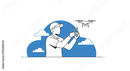 Man piloting drone in blue sky with clouds, showcasing modern technology and hobby with a clean, minimalist aesthetic.
