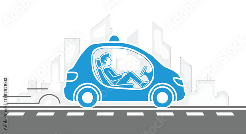 Woman relaxing in selfdriving car on city street enjoying the future of transportation with autonomous vehicle technology and modern cityscape.