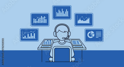 Customer service representative analyzes data at workstation in modern office, showcasing charts and graphs for insightful decision making and efficiency.