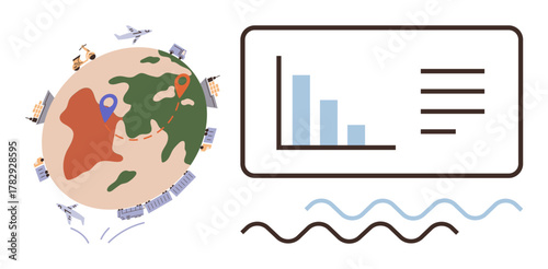 Globe with shipping and transportation icons connected to a data chart showing analytics. Ideal for logistics, supply chain, trade, technology, analytics, globalization, and business strategy. Simple