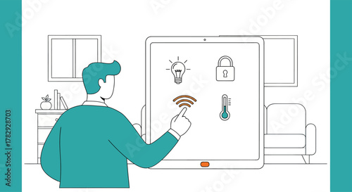 Man interacts with smart home interface on tablet in living room, controlling lights and security with modern technology, showcasing convenience and automation.