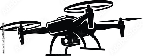 Modern quadcopter drone silhouette vector illustration, unmanned aerial vehicle with camera, futuristic technology design, isolated black drone icon for aviation, photography, and innovation concept
