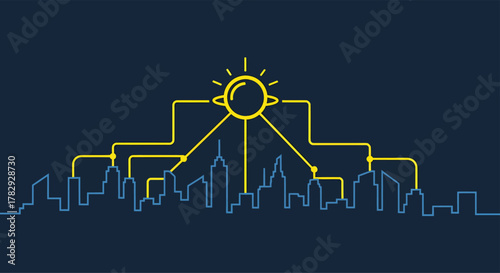 Sun powers city skyline with energy flowing through lines, representing sustainable urban development and connection to renewable resources in a modern concept.