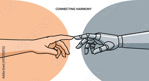 Human hand reaches out to touch a robot hand against a twotone backdrop, representing connection, technology, and the future of artificial intelligence.
