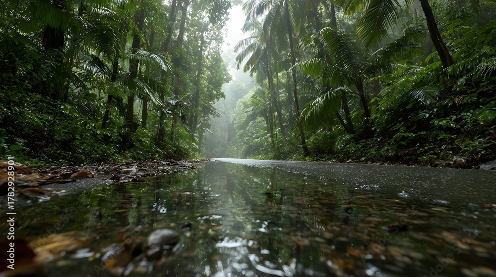 Obraz premium Rain-Kissed Path in Lush Rainforest: Journey along a serene pathway that leads through the heart of a vibrant rainforest, where the air is thick with humidity and the symphony of nature resonates.