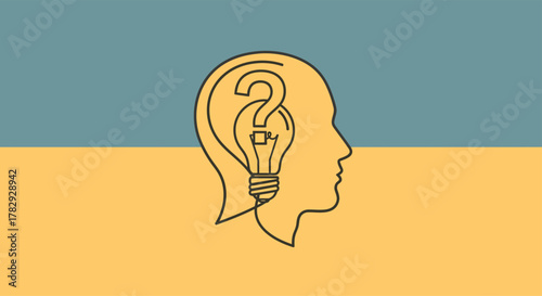 Human head containing lightbulb and question mark represents problem solving and critical thinking on a blue and yellow backdrop, depicting innovation and intelligence.