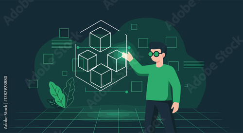 Man interacts with virtual reality interface in futuristic office environment, showcasing advanced technology and immersive experience.