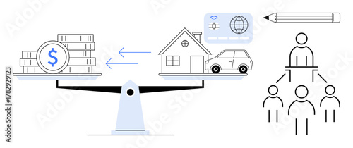 Scales balancing coins with assets thumbs up house, car, internet. Includes arrows, pencil, and organizational chart. Ideal for finance, decision-making, wealth management economy trade-offs