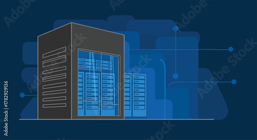 Data center stores and processes information in a secure server room with blue hues representing technology and connectivity, conveying efficiency.
