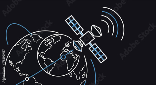 Satellite orbits earth sending signals in space with global communication and connection on dark backdrop, showcasing modern technology.