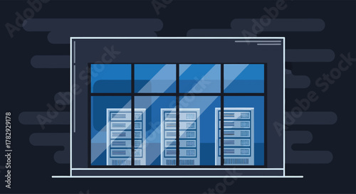 Data center displays servers behind glass windows with dark tones creating a modern and secure technology environment.