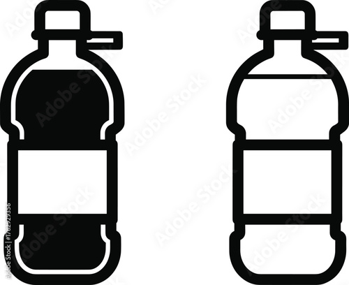 Plastic bottle vector illustration, black and white outline, packaging design, product container, label template, contour style, isolated drawing, ergonomic comparison