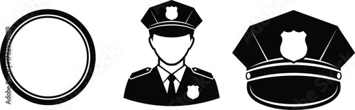 Police officer icon vector illustration, law enforcement hat symbol, security badge, official uniform design, justice, protection, authority, safety, professional police emblem concept