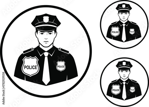 Police officer portrait vector illustration, law enforcement badge emblem, security guard uniform, police symbol, justice, protection, authority, safety service design, official insignia