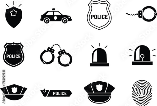 Police symbols and law enforcement vector icons set, including badge, patrol car, handcuffs, siren light, police hat, fingerprint, and security elements illustrationv